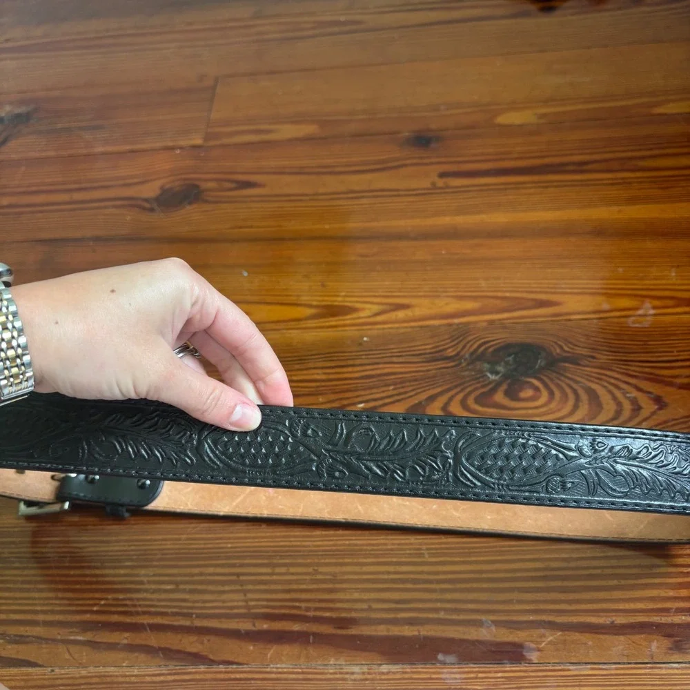 Schaeffer Black Tooled Leather Western Belt Mens Size 46 Floral Scroll Stamped